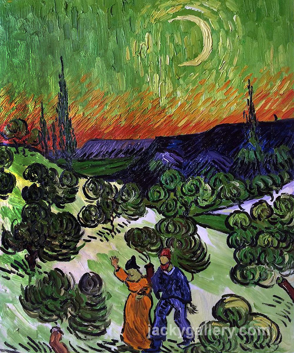 Landscape with Couple Walking and Crescent Moon, Van Gogh painting